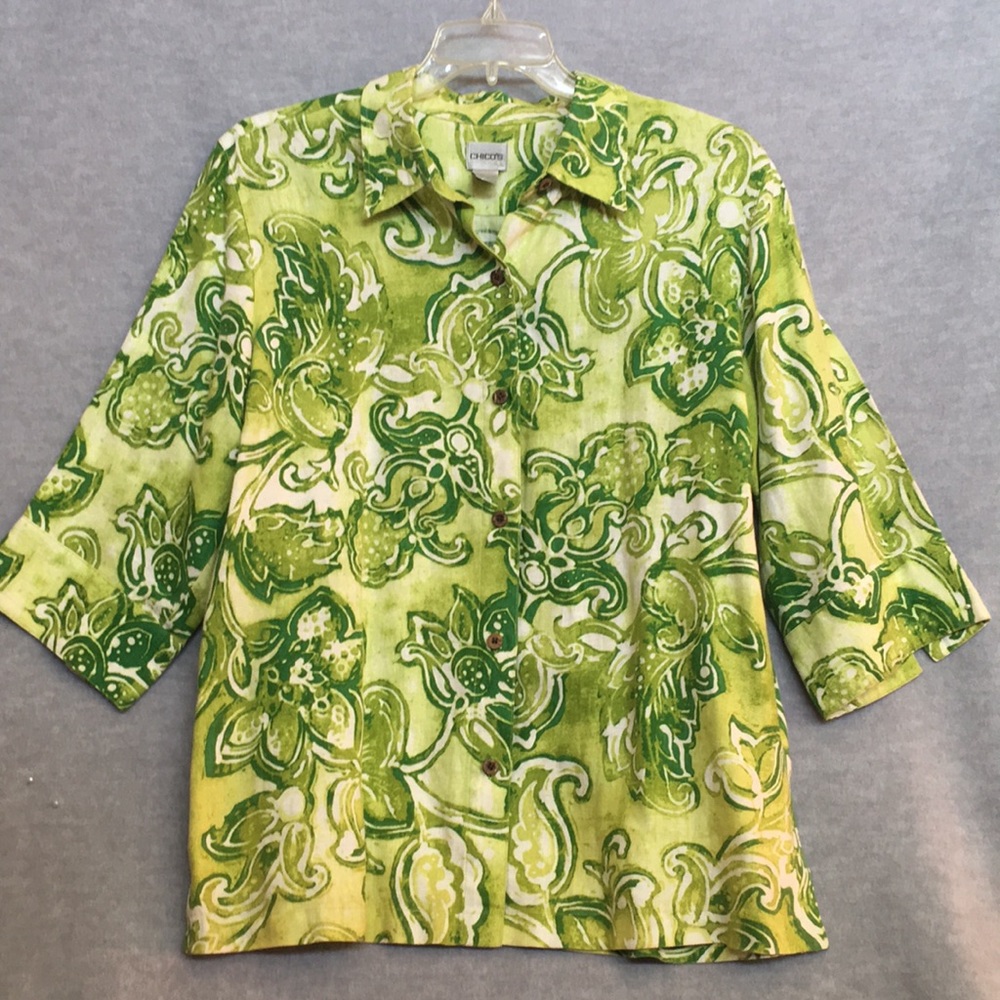 Chico’s Linen Tropical Cruise Poolside 3/4 Sleeve Button Up Top “Shacket” Sz. XL